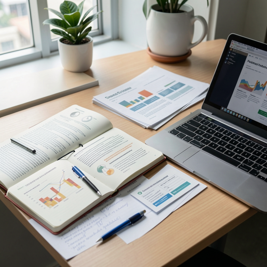 Editorial workspace with open notebooks, nutritional research documents, and a laptop — an independent wellness research environment in Jakarta