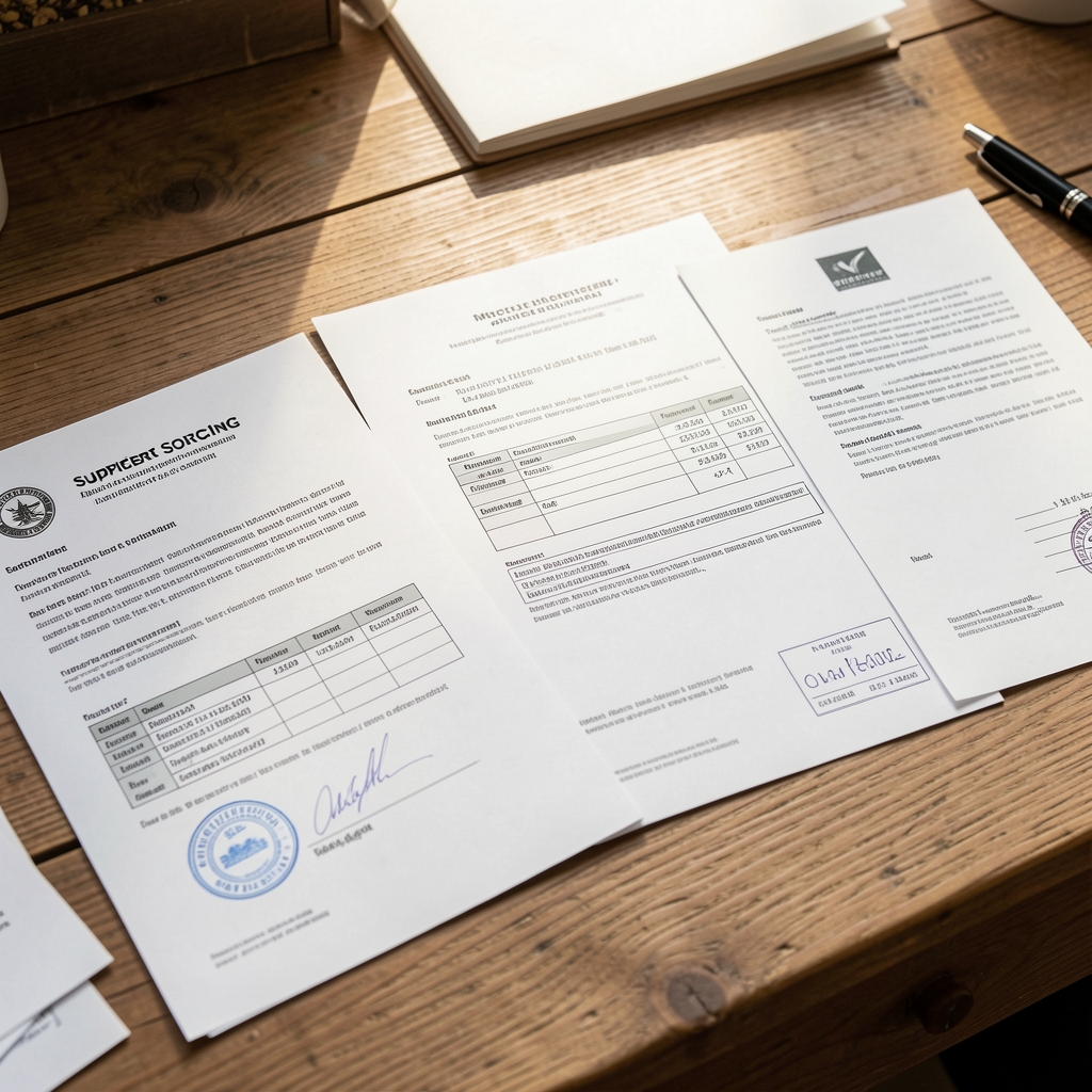 Close-up of ingredient sourcing documents and supplier certificates laid flat on a wooden desk with natural light