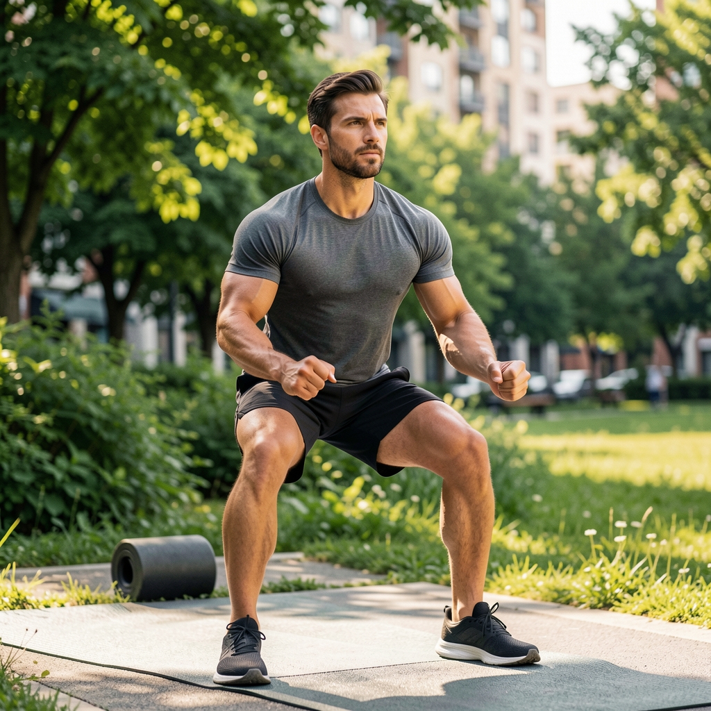 Active man in his thirties performing a morning workout routine outdoors in a natural green urban environment, wearing athletic gear, strong and focused posture