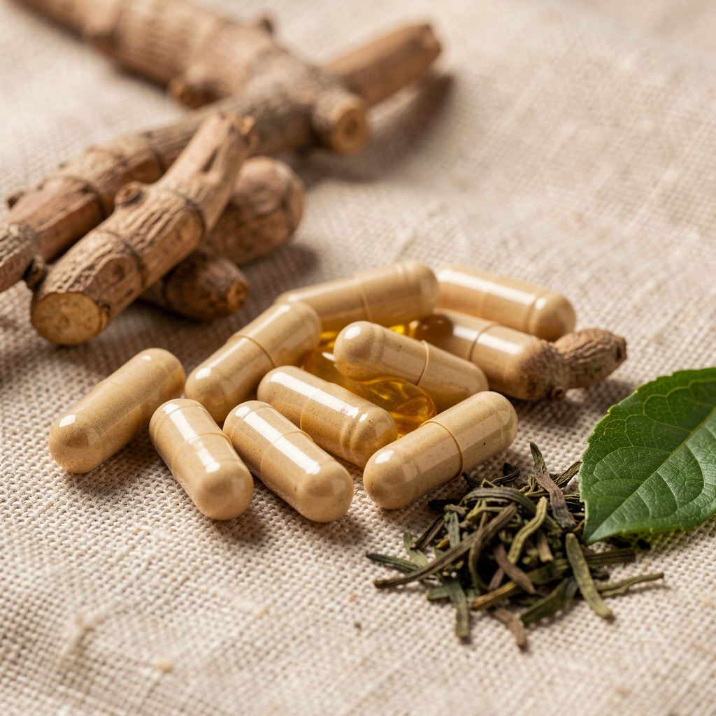 Close-up of natural supplement soft-gels arranged on a linen surface with dried botanical ingredients including ashwagandha root and green tea leaf