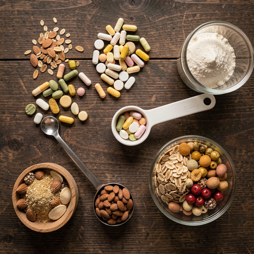 Overhead flat lay of daily supplement soft-gels, measuring spoon, and whole food ingredients on a dark wooden surface — morning preparation routine