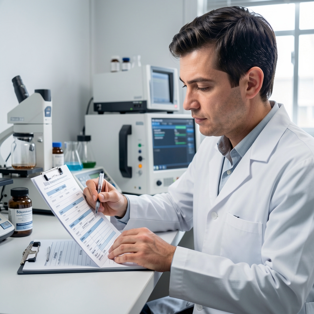 Third-party laboratory analyst reviewing supplement sample results under controlled studio lighting with equipment in background