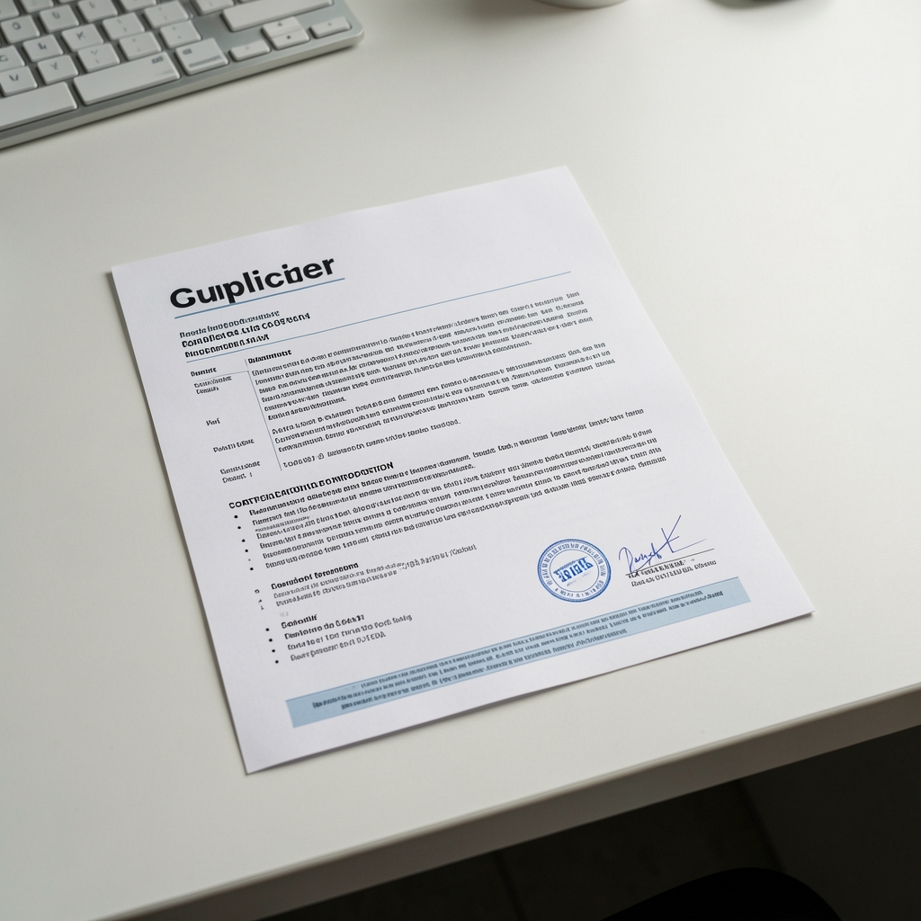 Printed supplier documentation and certificate of composition laid flat on a clean desk surface