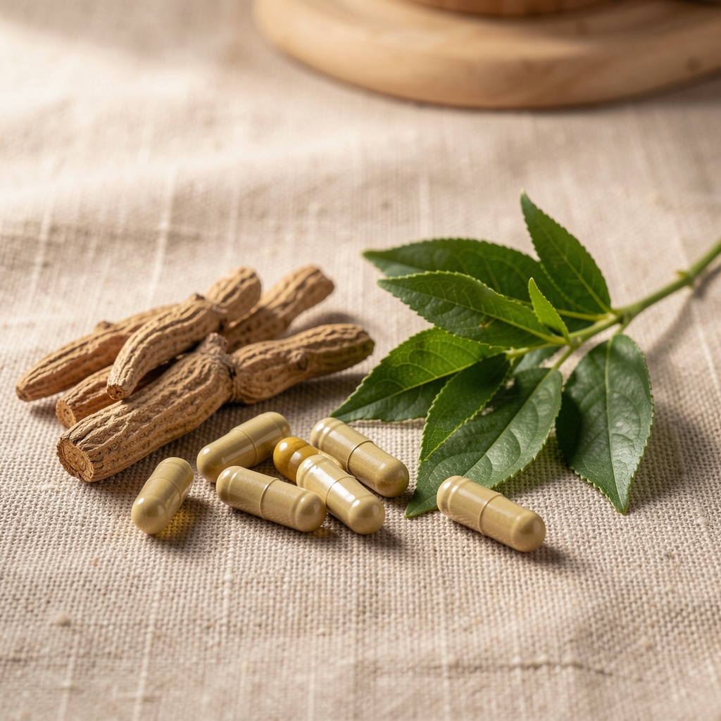 Plant extract soft-gels alongside dried ashwagandha root and green tea leaf on a natural linen surface in a clean workspace