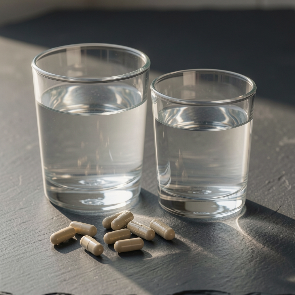 Magnesium and zinc mineral supplement soft-gels beside a glass of water on a dark slate surface with morning light