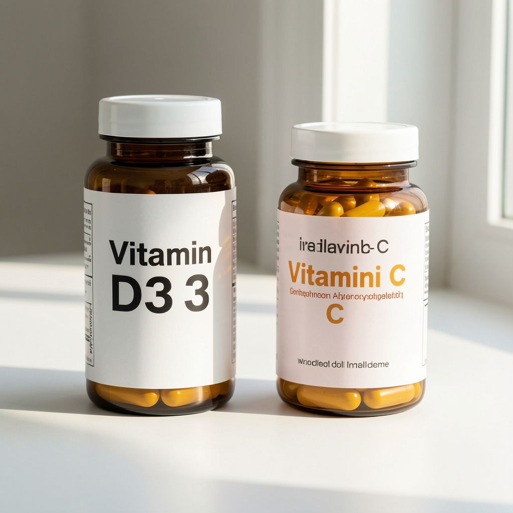 Vitamin D3 and Vitamin C supplement bottles arranged on a bright white surface with natural morning sunlight