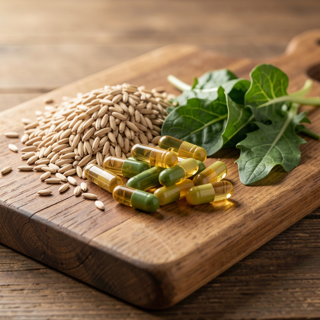 B-vitamin complex soft-gels with whole grain and leafy green ingredient references on a wooden board