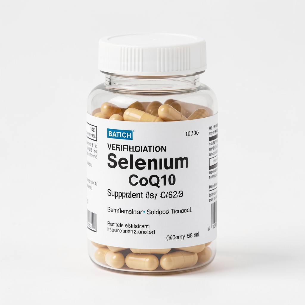 Selenium and CoQ10 supplement soft-gels with a clean white background, batch verification labels visible on the container