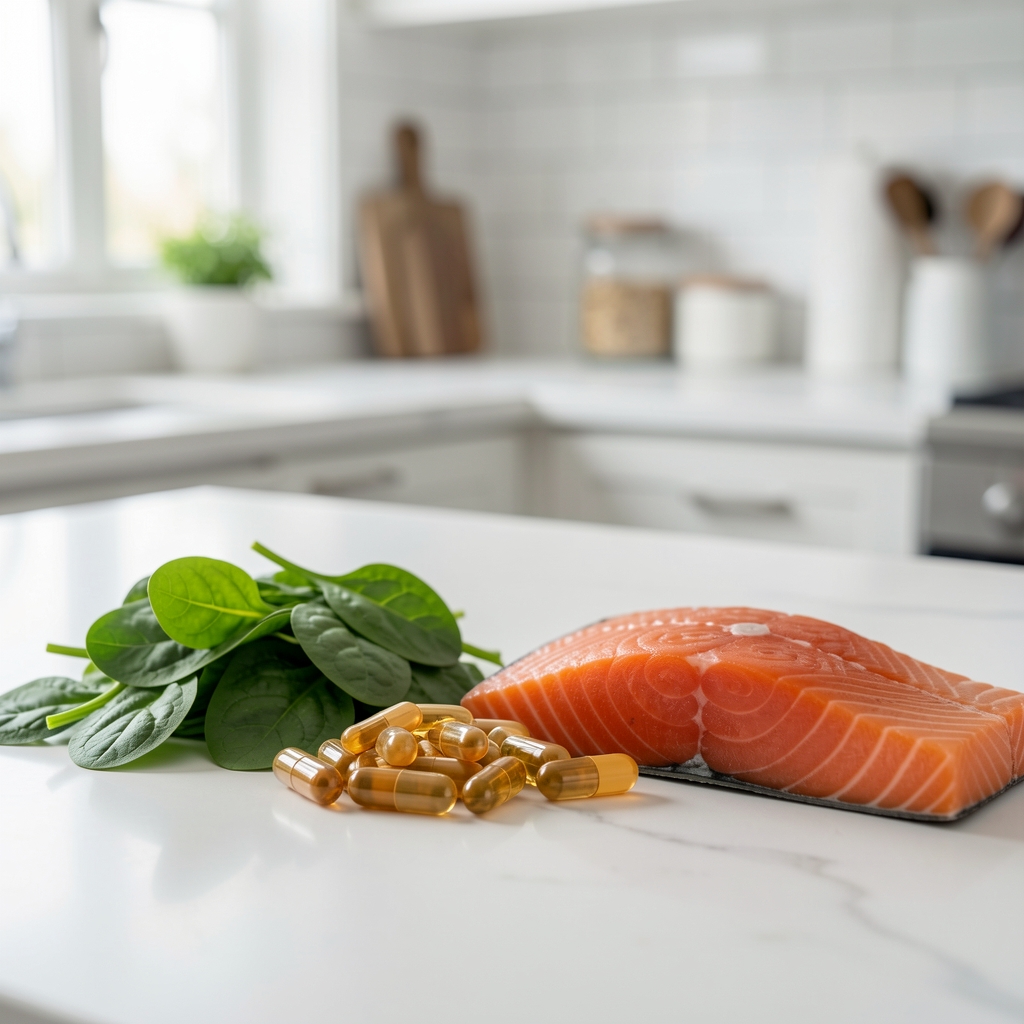Iron and Omega-3 supplement soft-gels with fresh spinach and salmon beside them on a clean kitchen surface