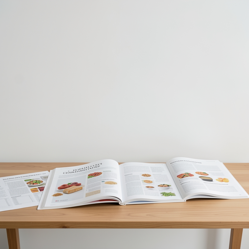 Clean editorial workspace with white walls, wooden desk, and open nutritional reference books in a Jakarta studio