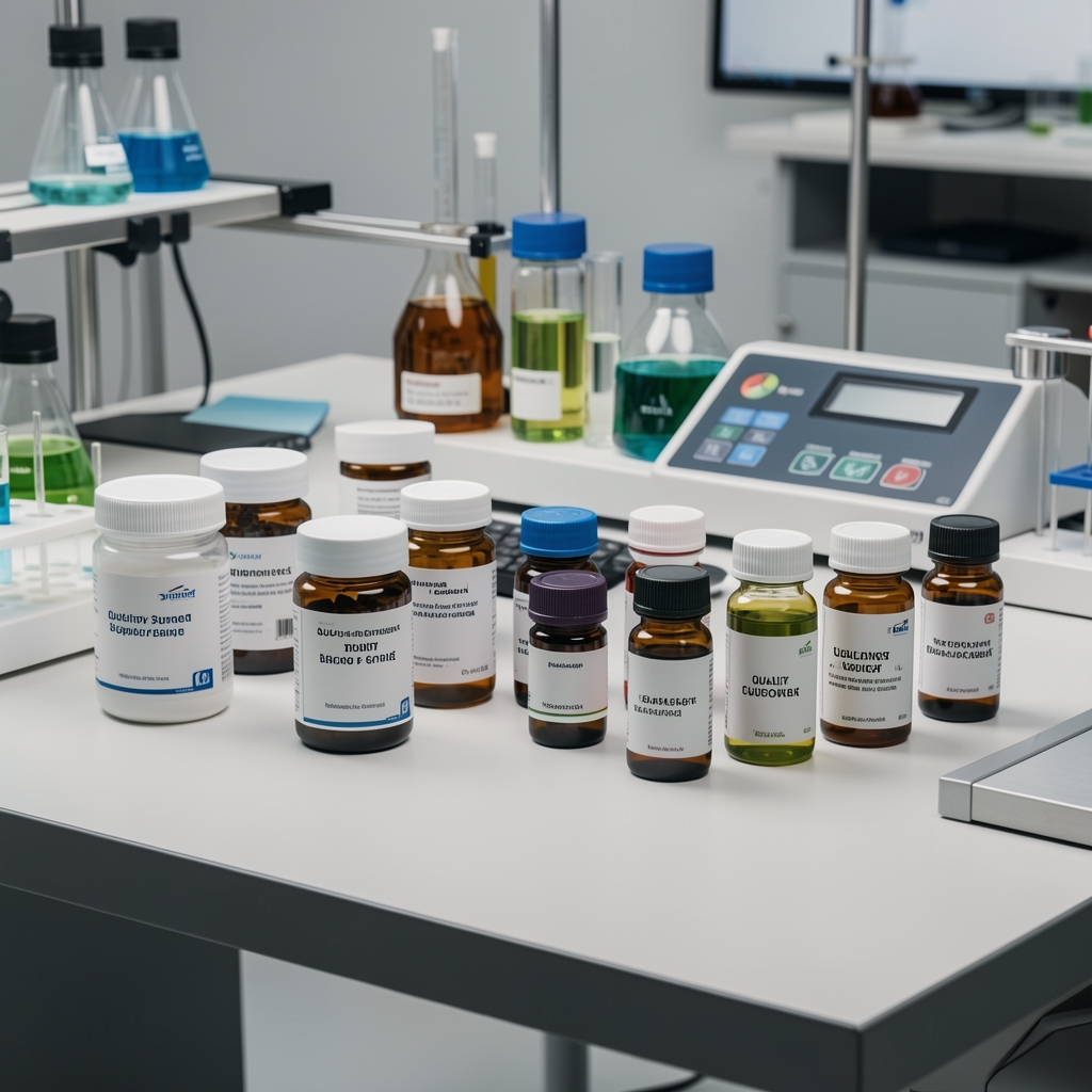 Supplement sample containers and plant extract vials arranged on a quality-control bench with controlled studio lighting