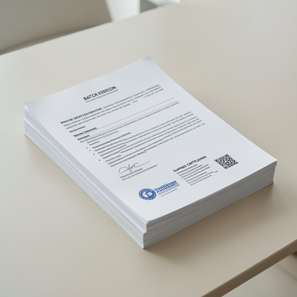 Stack of printed batch verification reports and supplier certificates on a minimalist desk surface